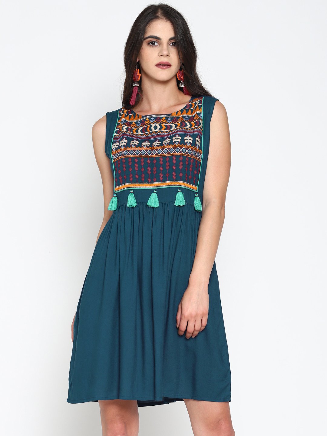 Teal Skater Dress With Embroidered Yoke | Untung