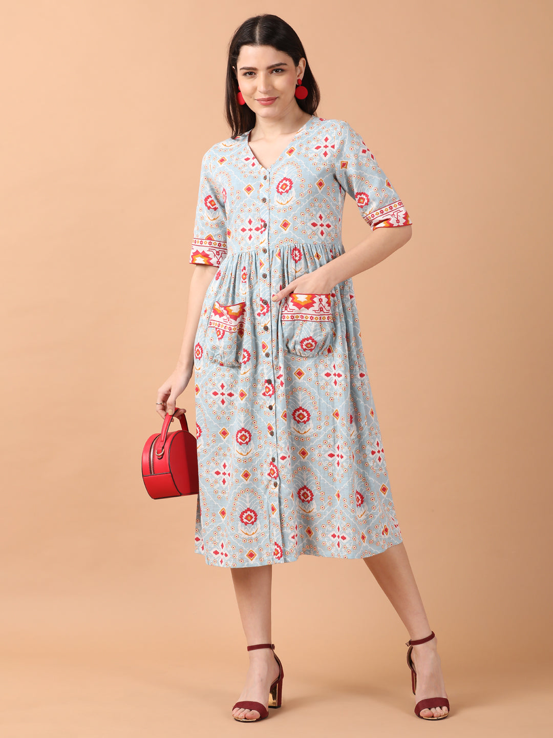 Light Blue Printed Front Open Dress With Patch Pockets