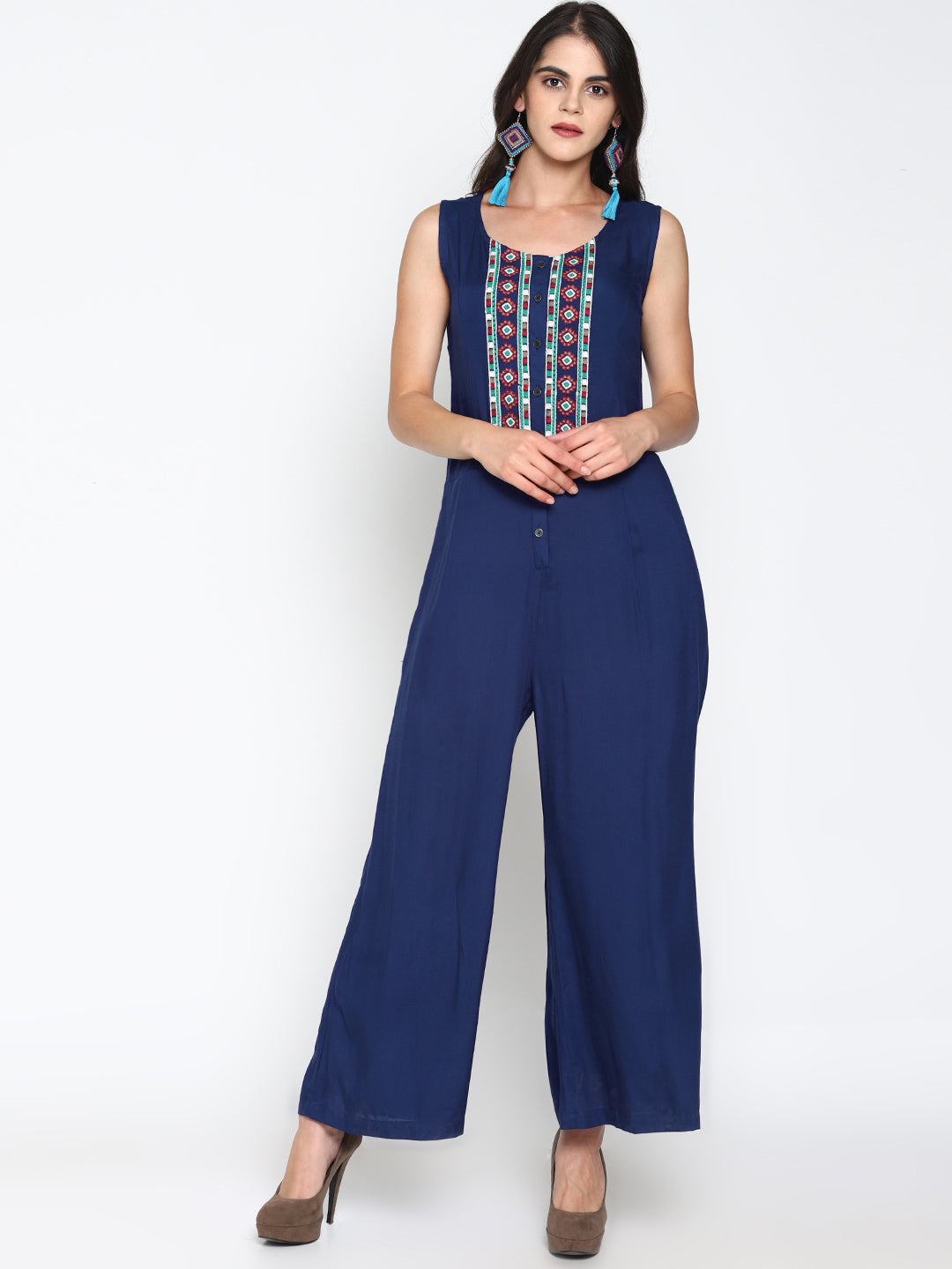 Blue Front Open Jumpsuit With Embroidery | Untung