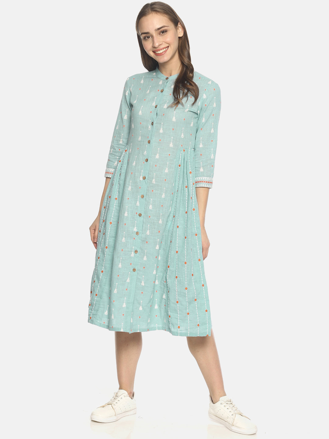 Blue Block Printed Front Open Dress With Embroidery | Untung