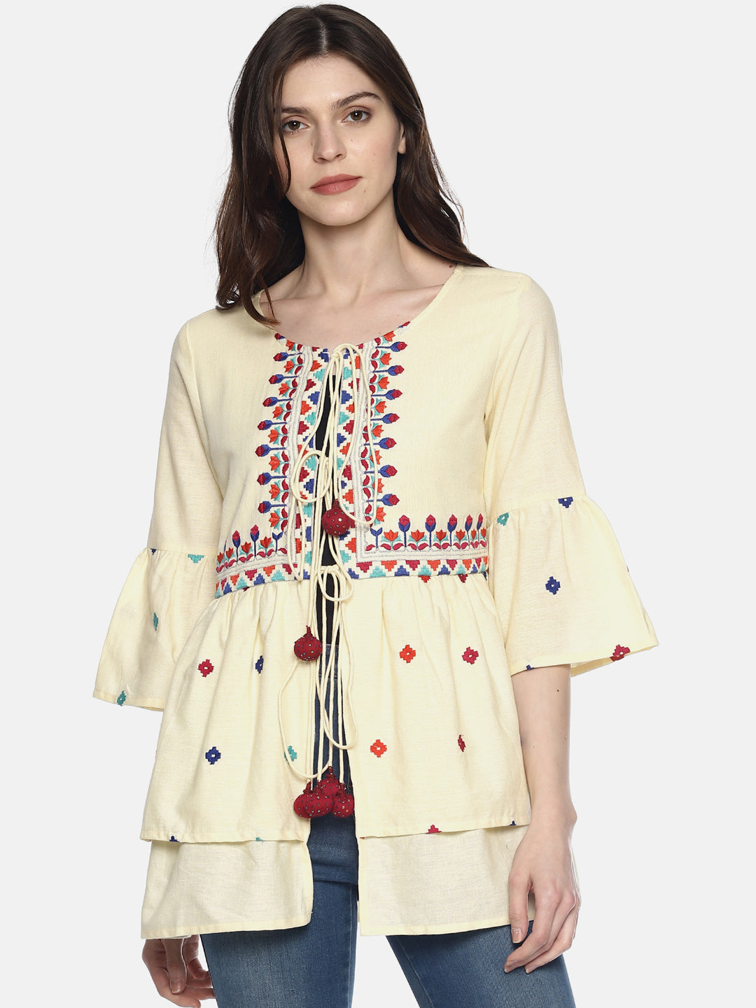 Off White Organic Cotton Shrug With Embroidery | Untung
