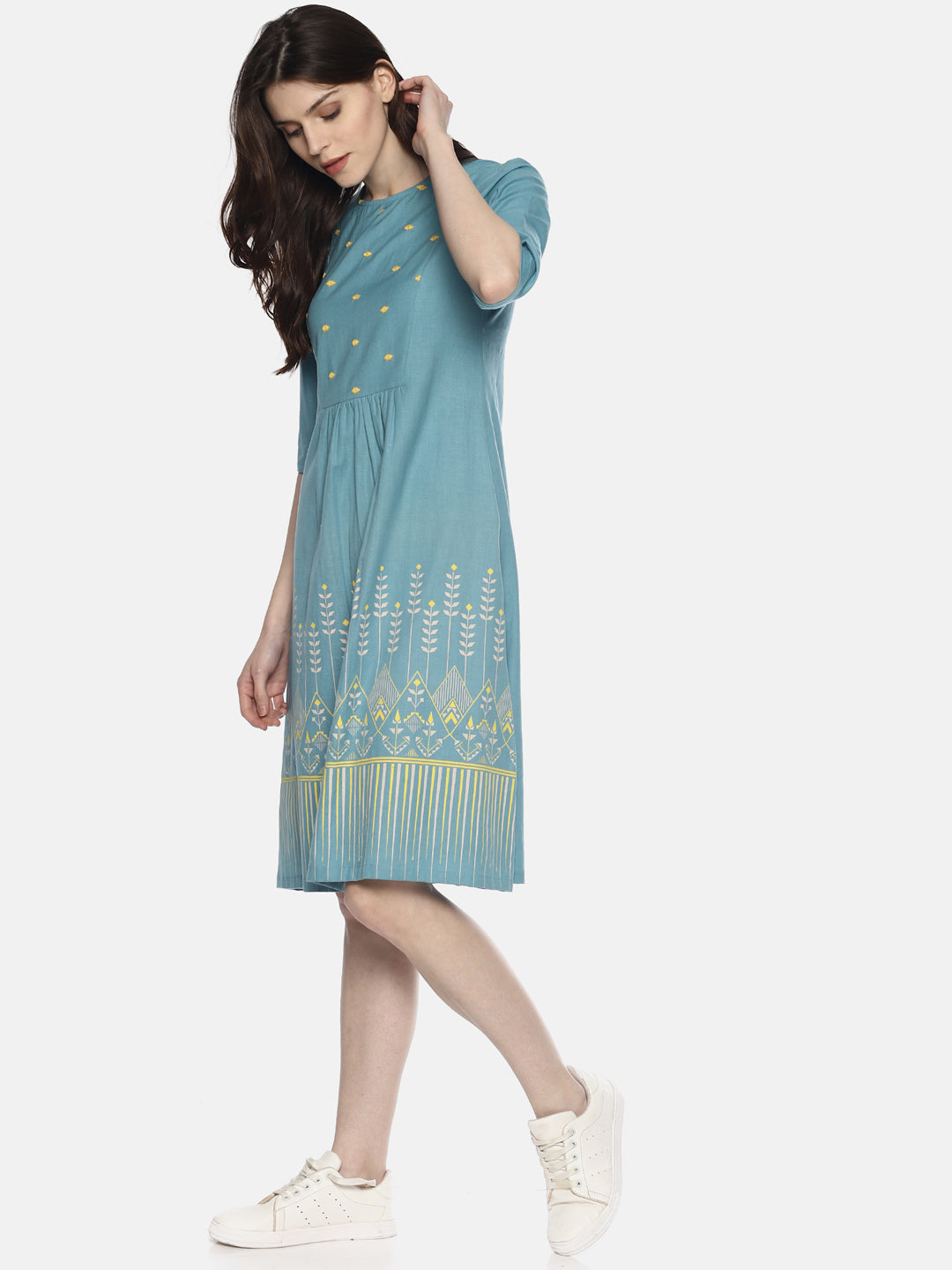 Light Blue Embroidered Dress With Border Print | Untung