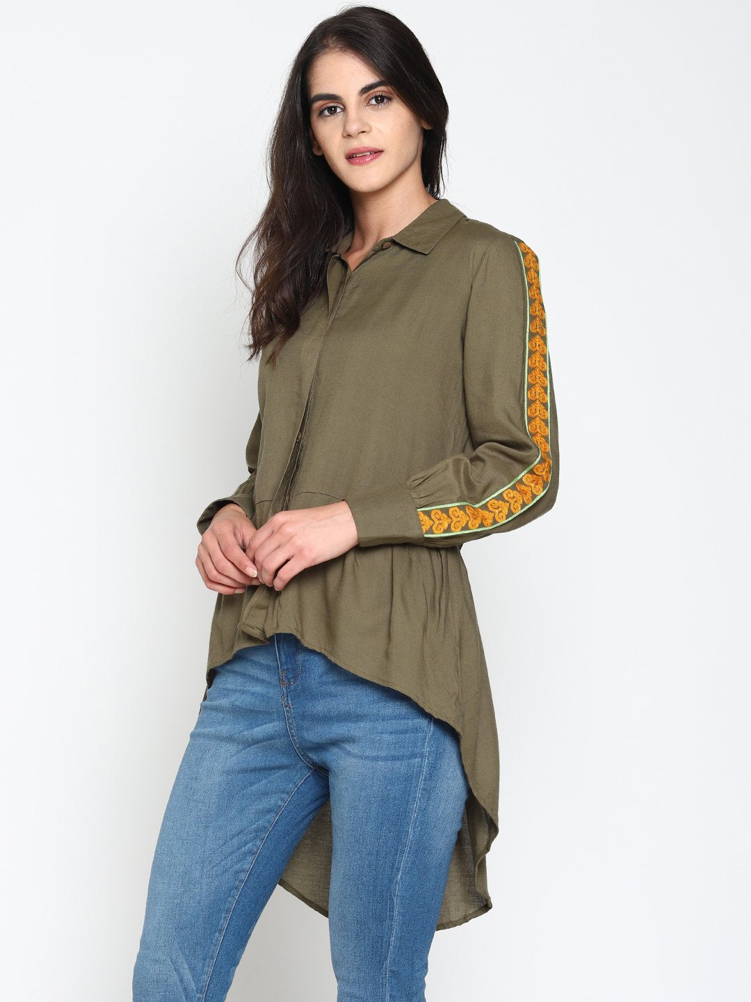Olive Green High Low Shirt With Emroidered Sleeves | Untung