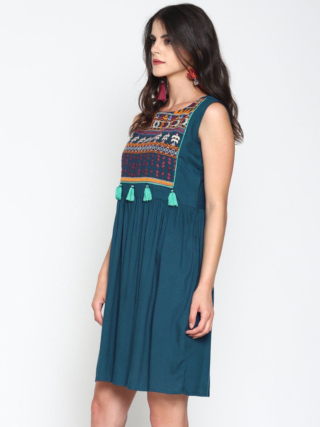 Teal Skater Dress With Embroidered Yoke | Untung