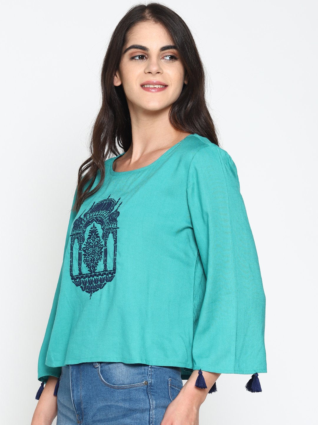Teal Temple Embroidered Crop Top With Tassels | Untung