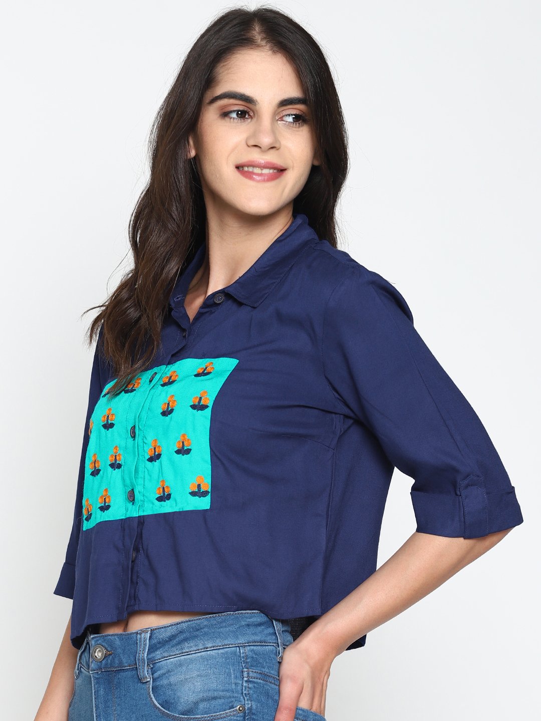 Navy Bluecolor Block Crop Top With Embroidery | Untung