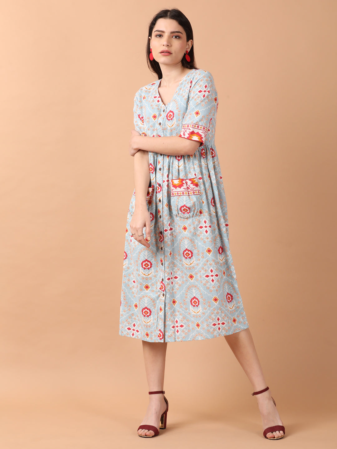 Light Blue Printed Front Open Dress With Patch Pockets
