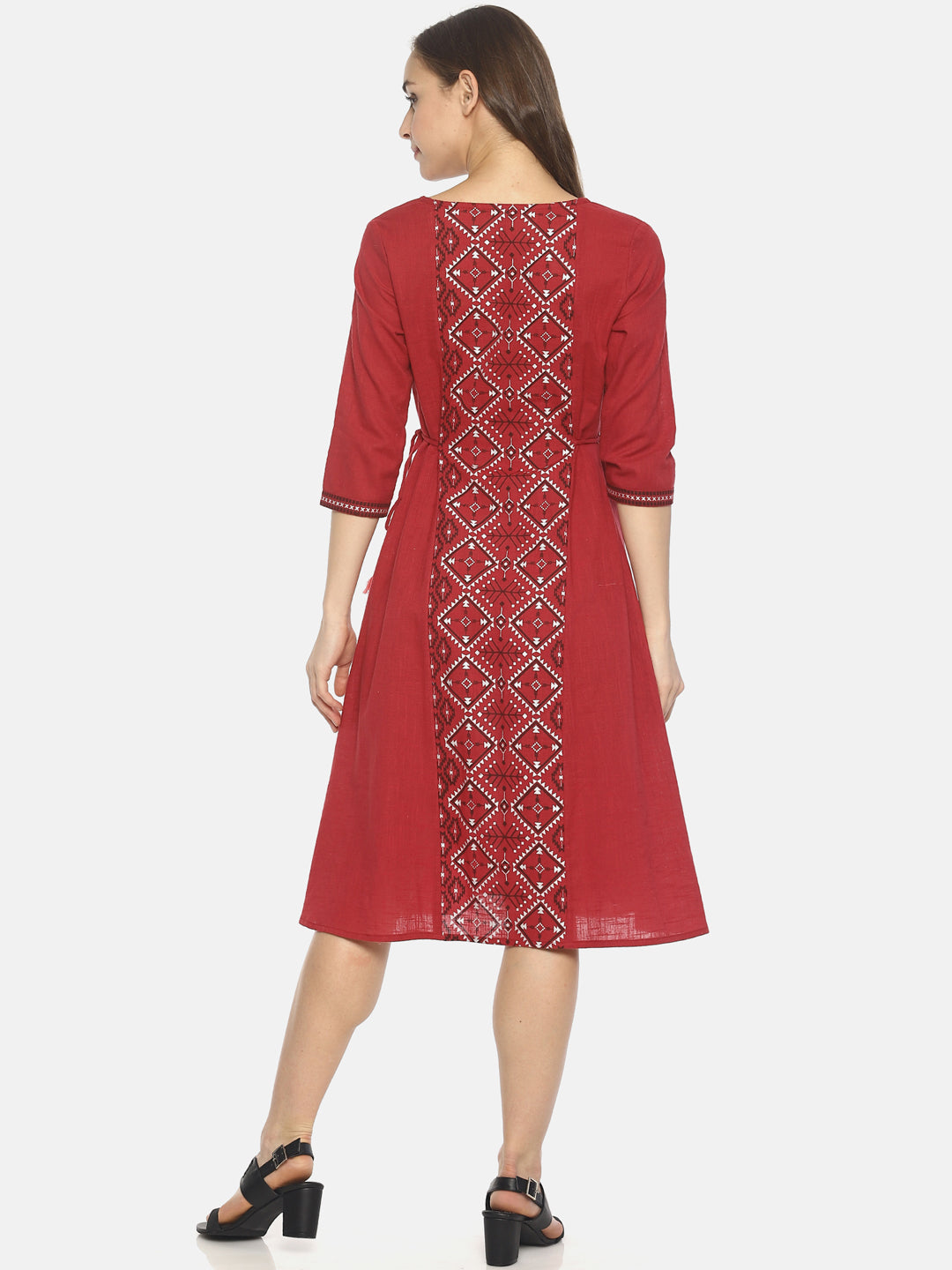 Red Printed A-line Dress With Waist Tie-up | Untung