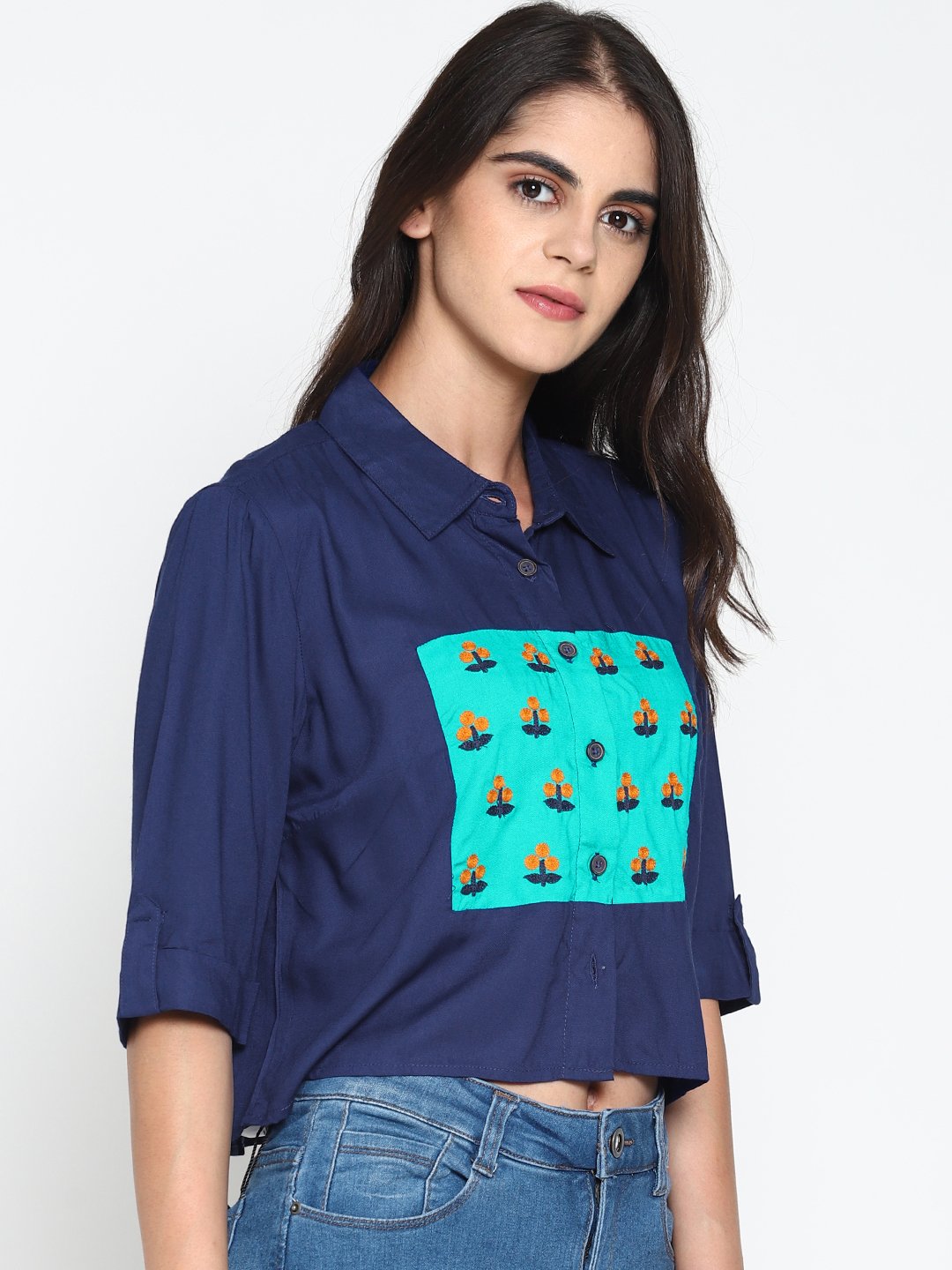 Navy Bluecolor Block Crop Top With Embroidery | Untung