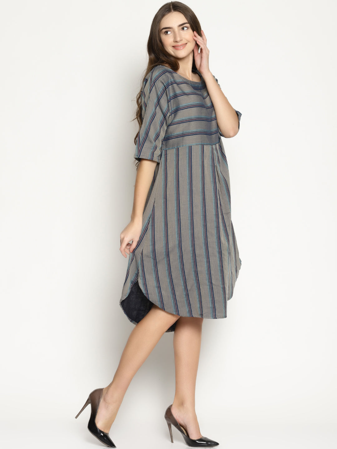 Grey Striped Dress With Curved Hemline | Untung