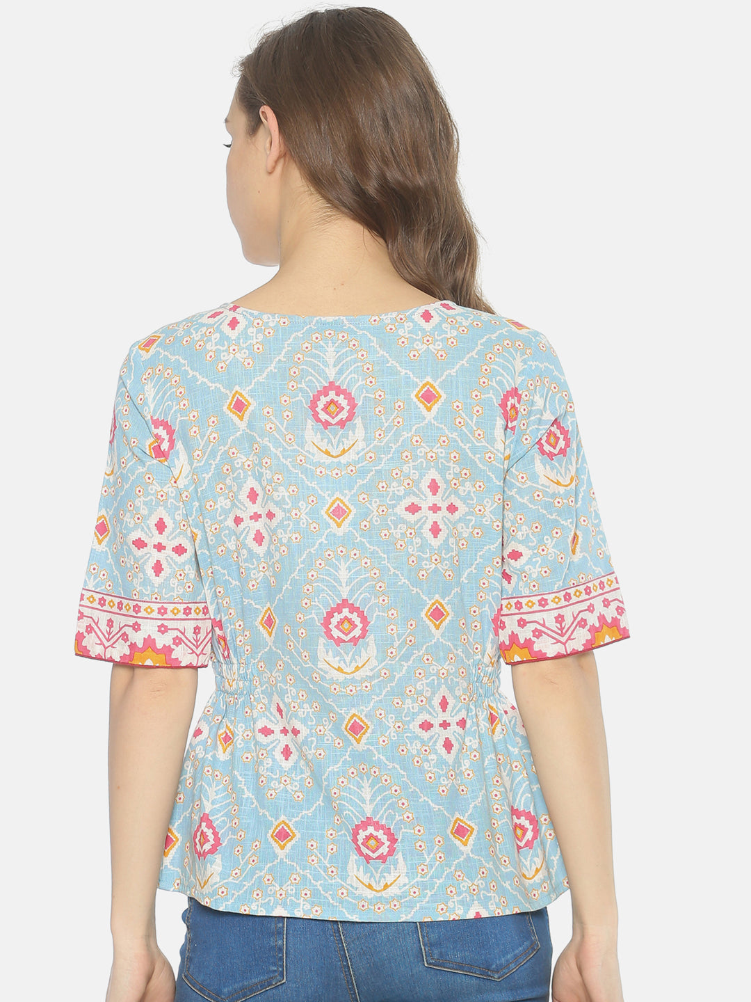Light Blue Printed Top With Elasticated Waist | Untung