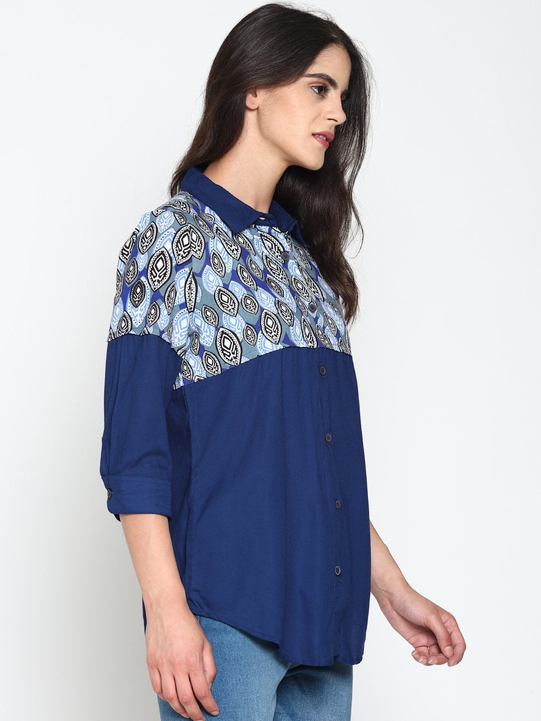 Blue Layered Shirt With Tribal Printed Yoke | Untung