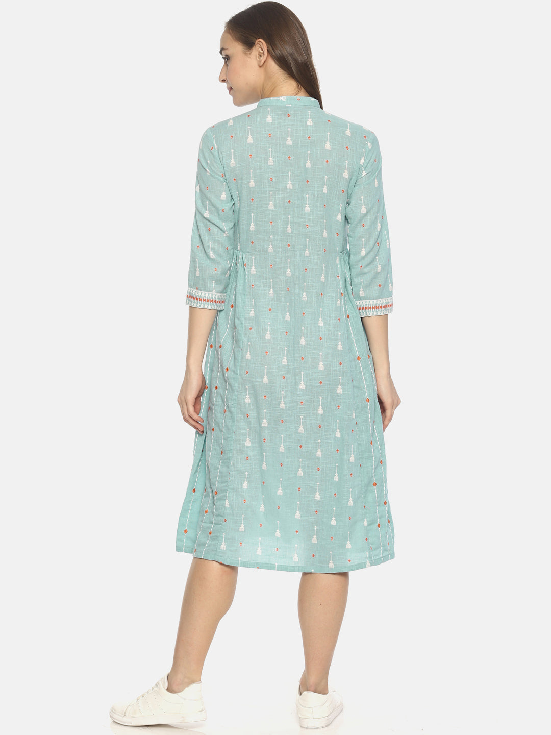 Blue Block Printed Front Open Dress With Embroidery | Untung