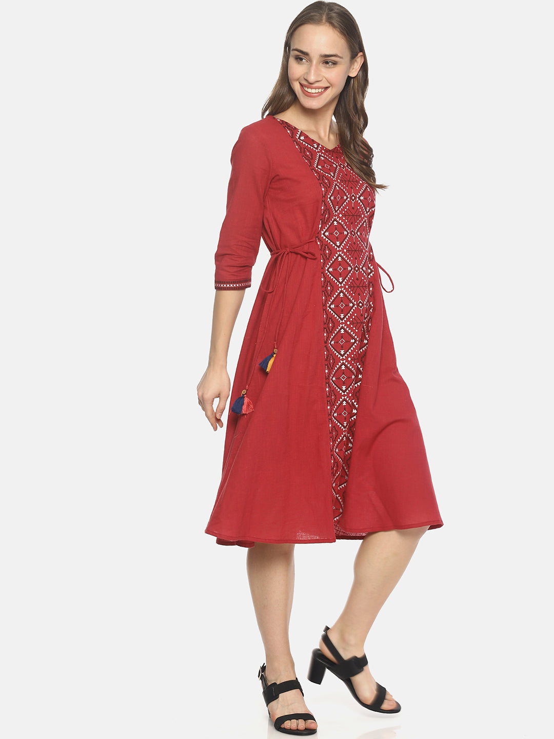 Red Printed A-line Dress With Waist Tie-up | Untung