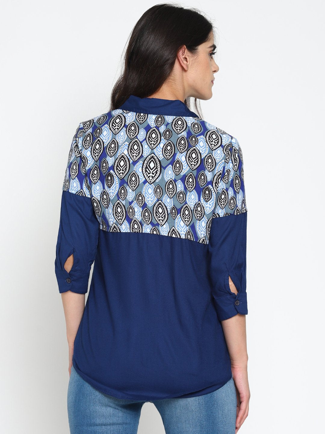 Blue Layered Shirt With Tribal Printed Yoke | Untung