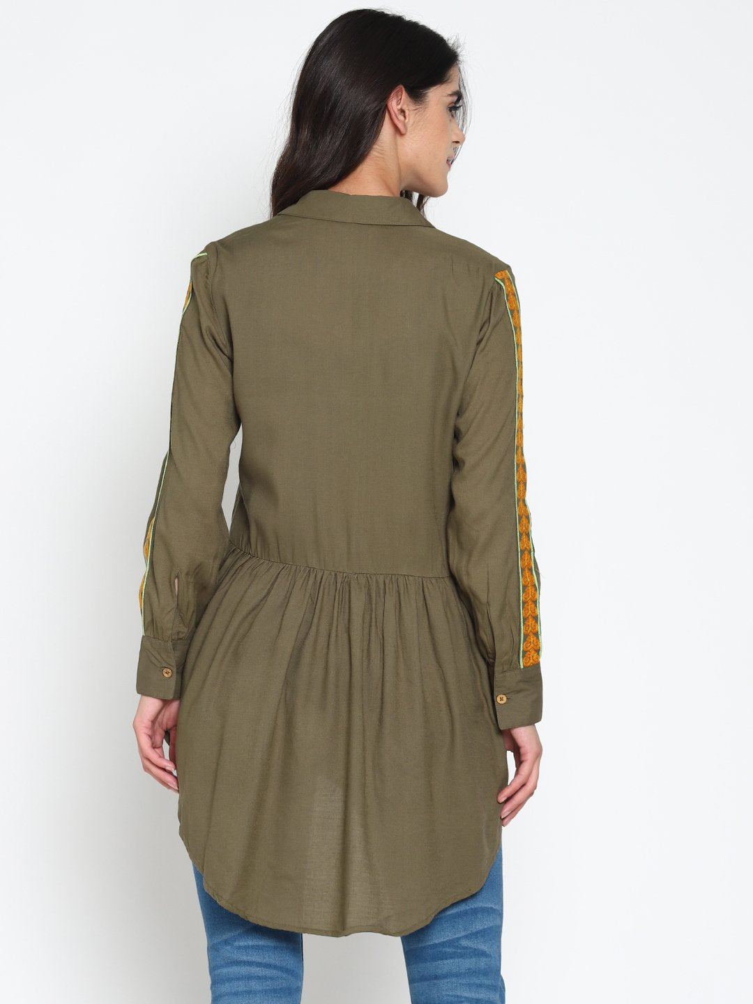 Olive Green High Low Shirt With Emroidered Sleeves | Untung