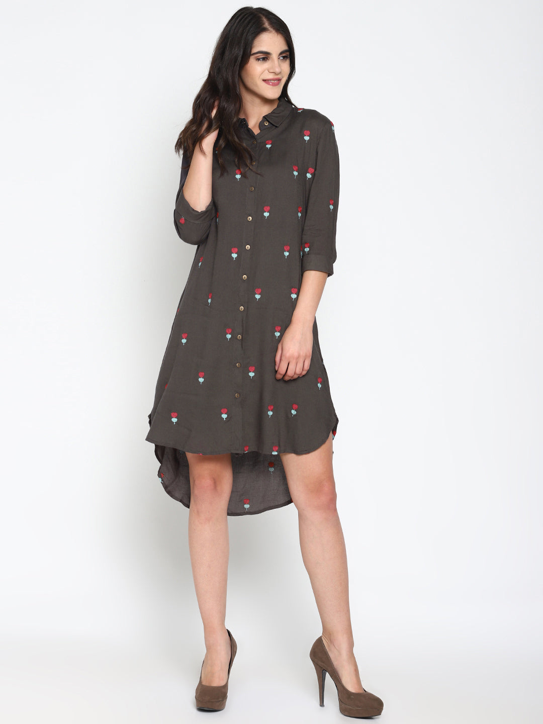 Grey Embroidered High Low Shirt Dress | Untung