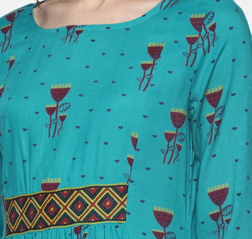 Turquoise Printed Dress With Aztec Embroidery | Untung