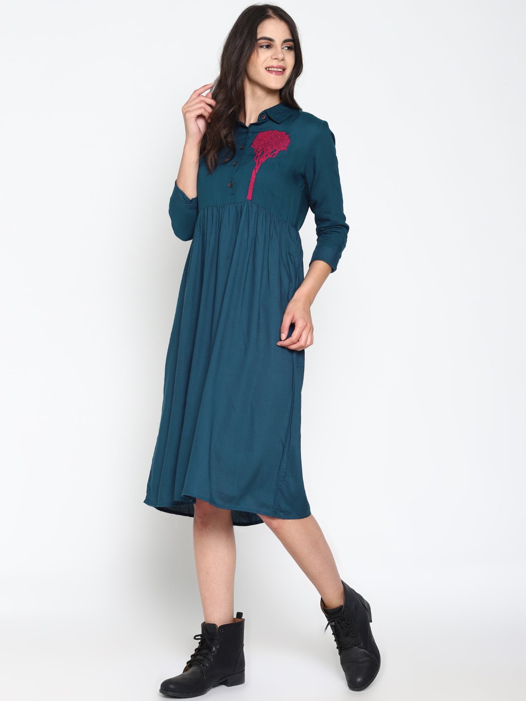 Blue Shirt Dress With Embroidered Tree Motif | Untung