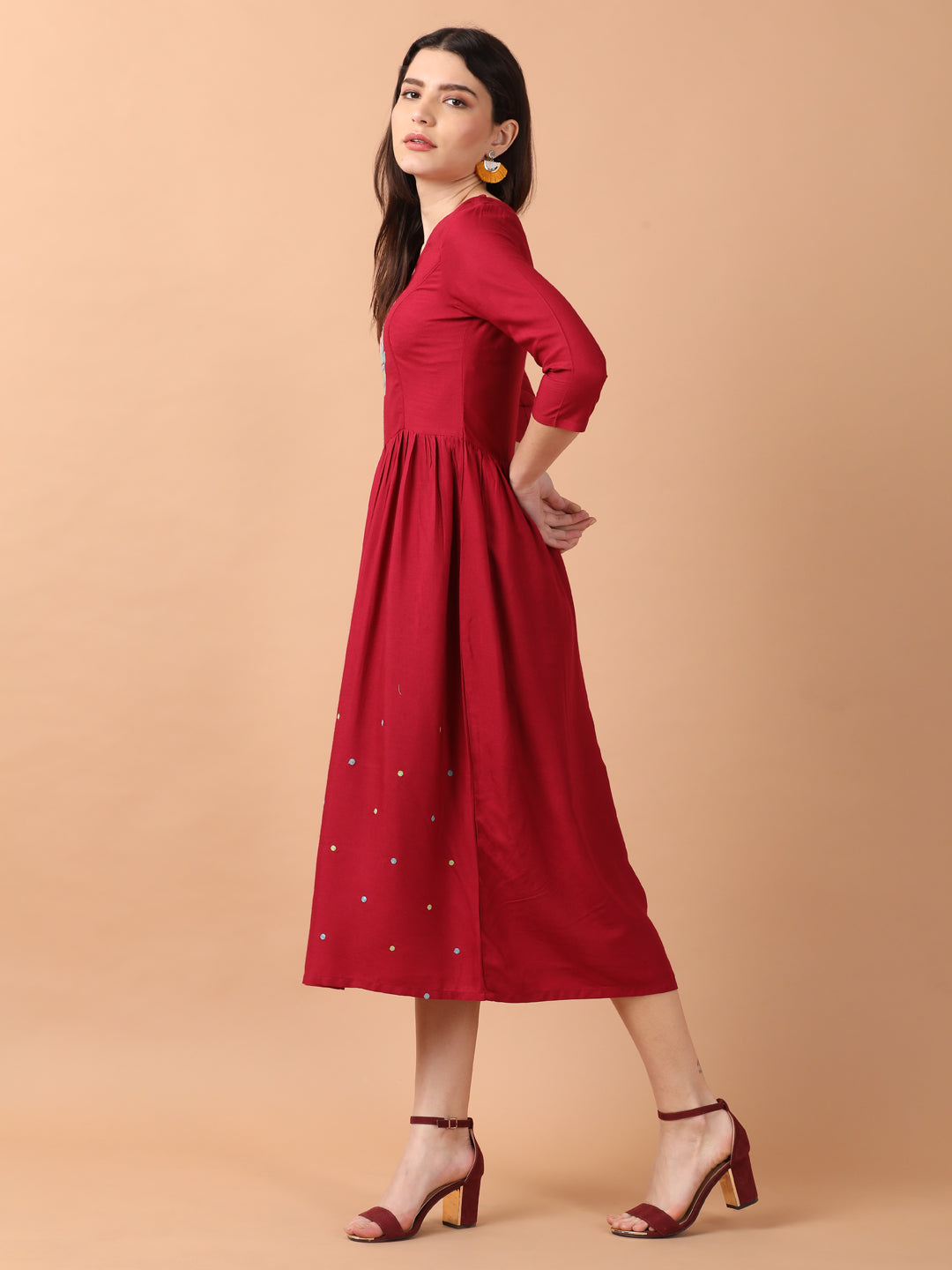 Maroon Gathered Dress With Embroidered Yoke
