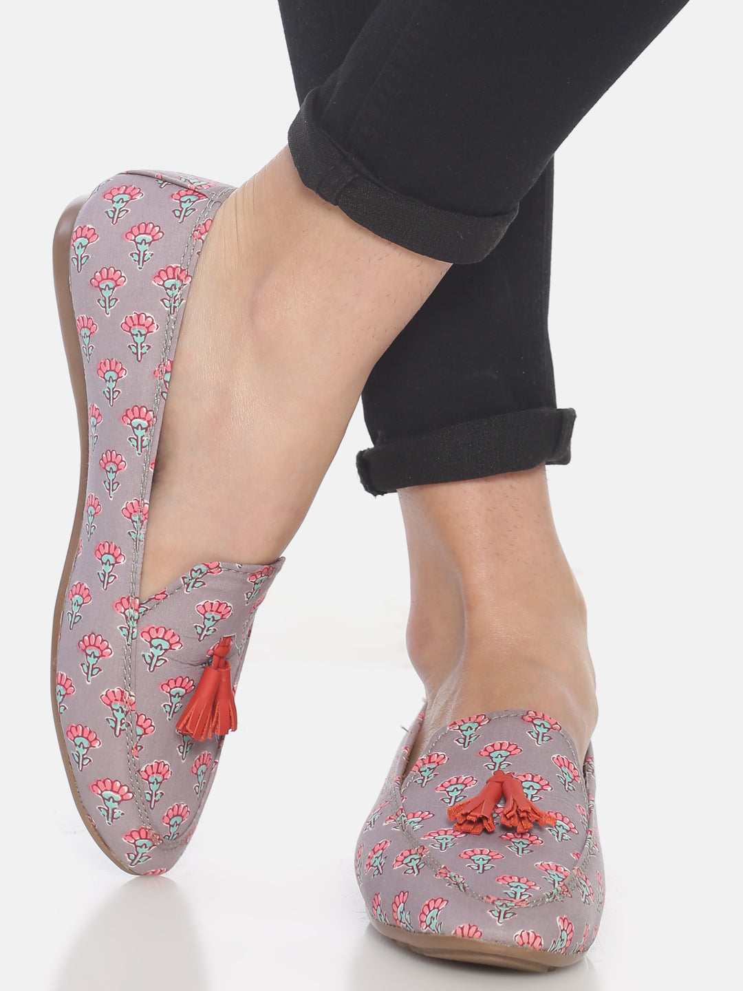 Grey Floral Block Printed Loafers