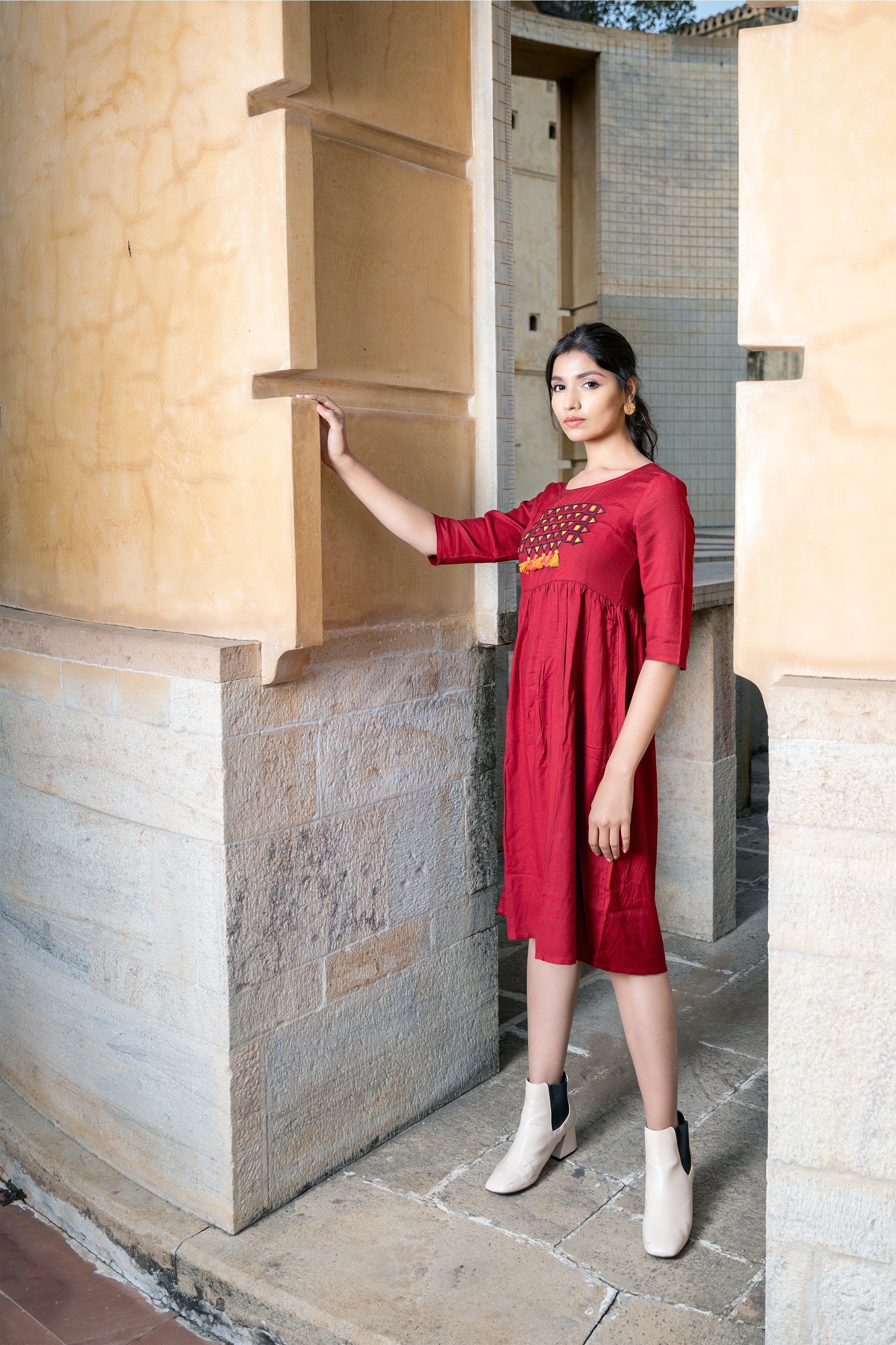 Maroon Embroidered Shift Dress