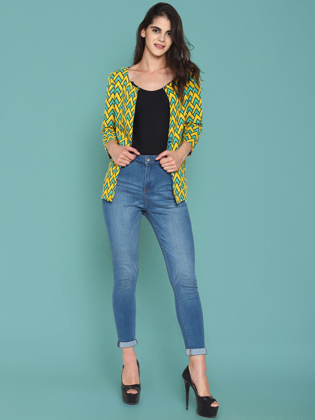 Yellow Printed Open-front Shrug | Untung