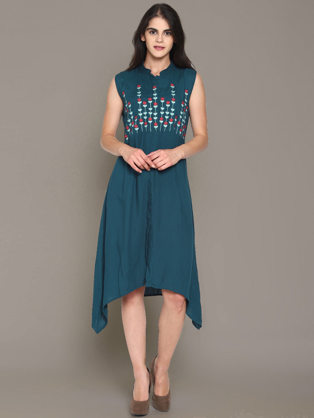 Blue Embroidered Front Open Shirt Dress | Untung
