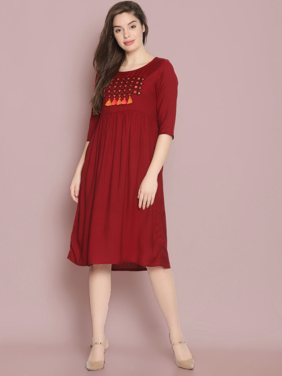 Maroon Embroidered Shift Dress | Untung