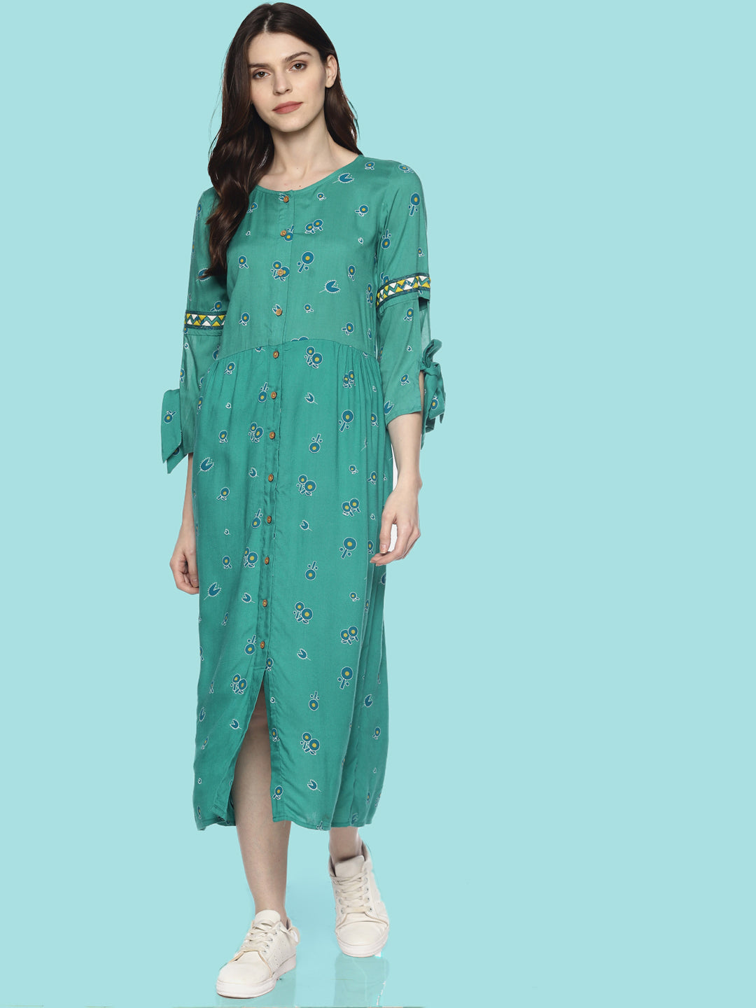 Mint Printed Dress With Embroidered Sleeves | Untung