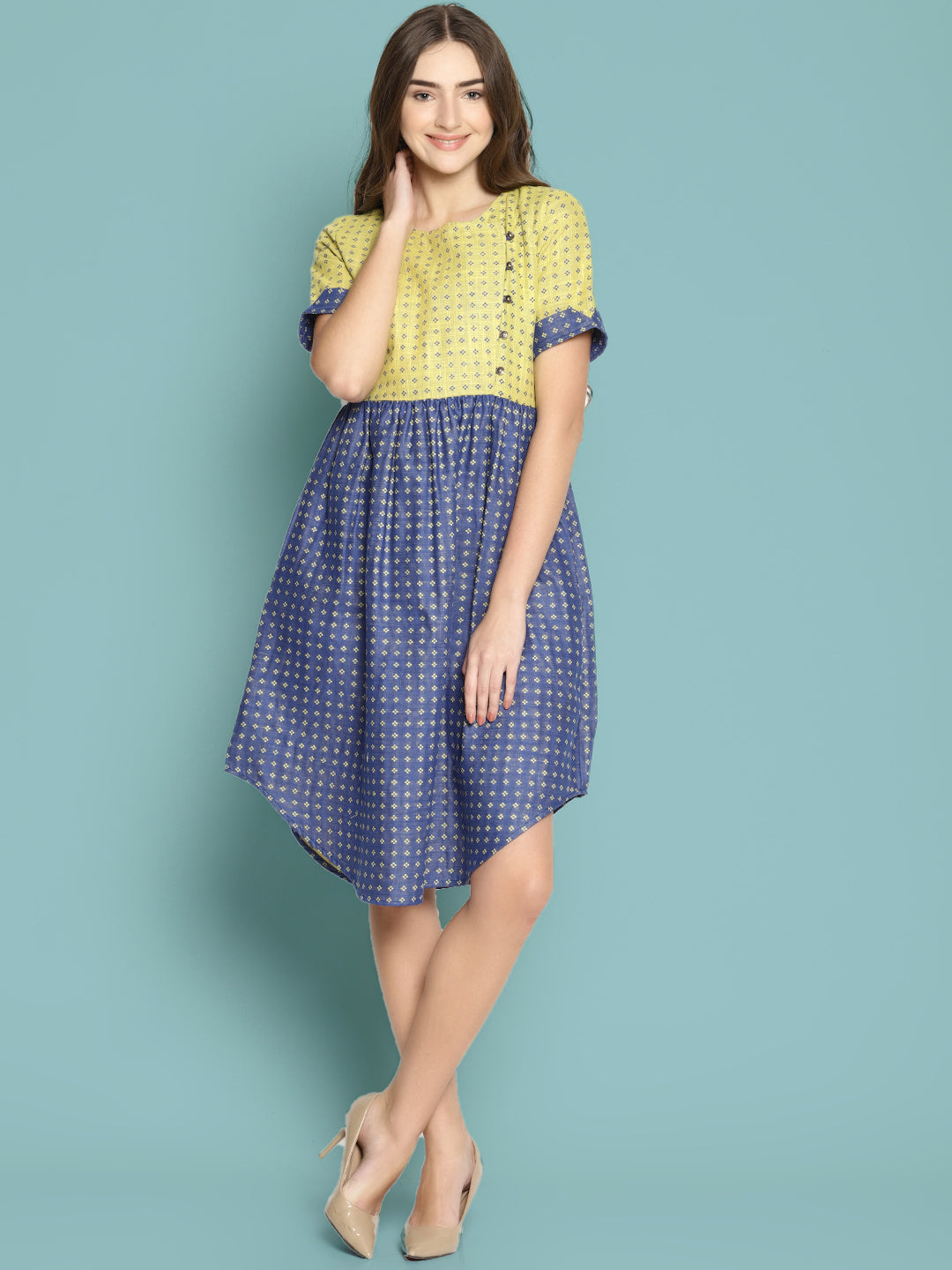 Blue Dobby Shift Dress With Curved Hem | Untung