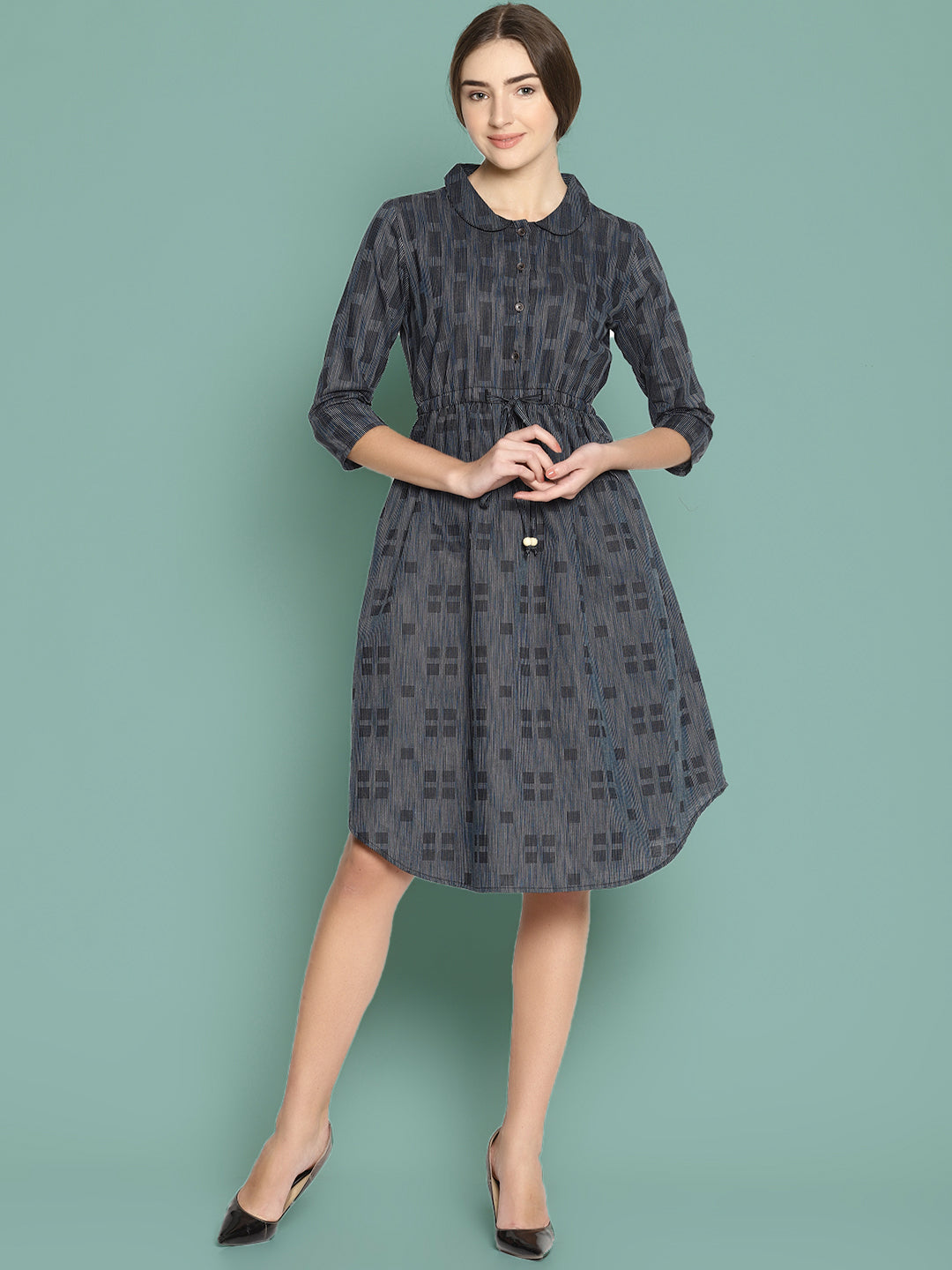 Grey Woven Dress With Peter Pan Collar | Untung