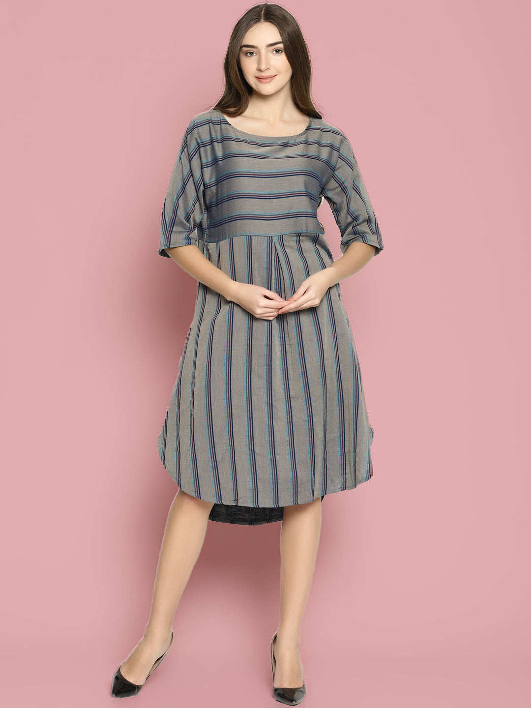 Grey Striped Dress With Curved Hemline | Untung