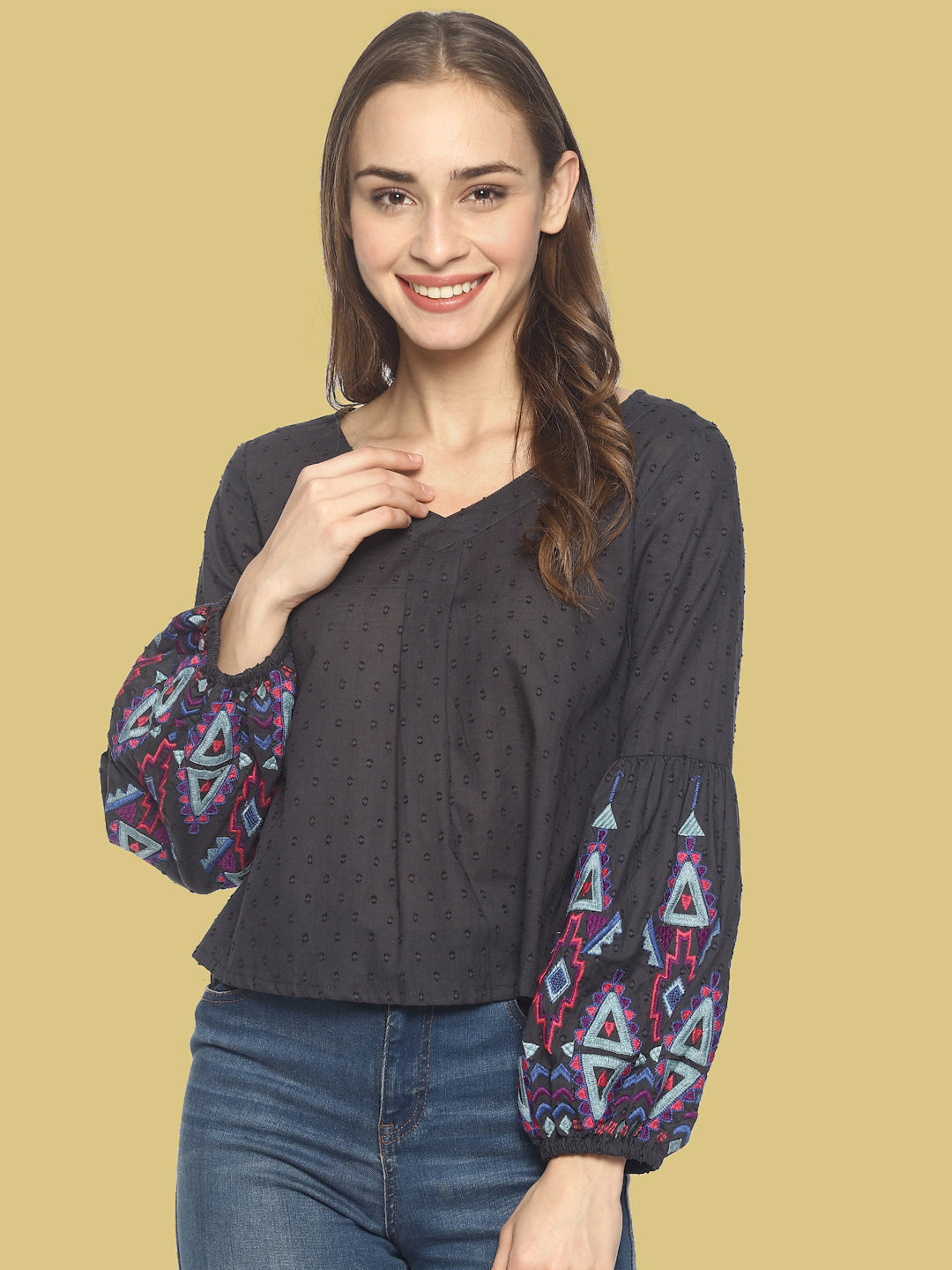 Grey Crop Top With Embroidered Sleeves | Untung