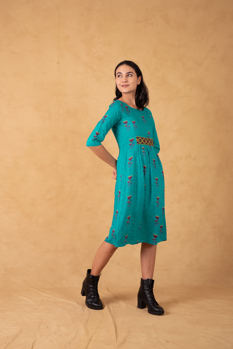 Turquoise Printed Dress With Aztec Embroidery