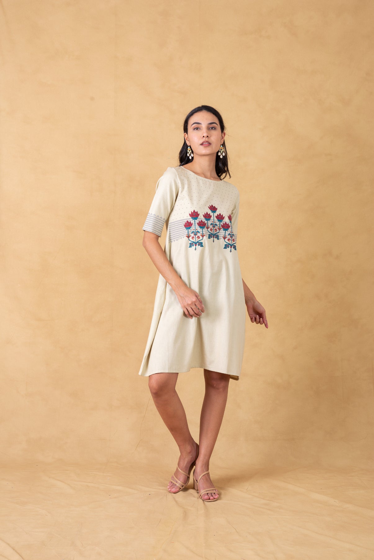 Off White Floral Embroidered Shift Dress