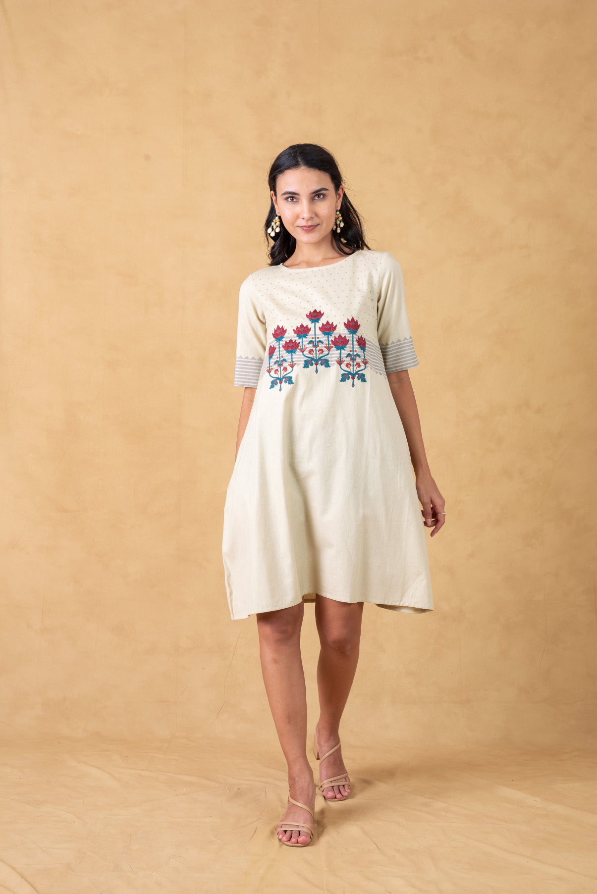 Off White Floral Embroidered Shift Dress