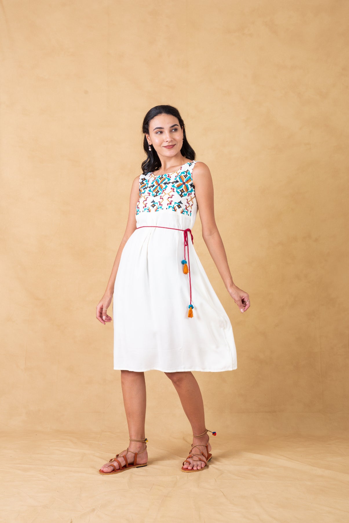 White Embroidered Dress With Tie Ups