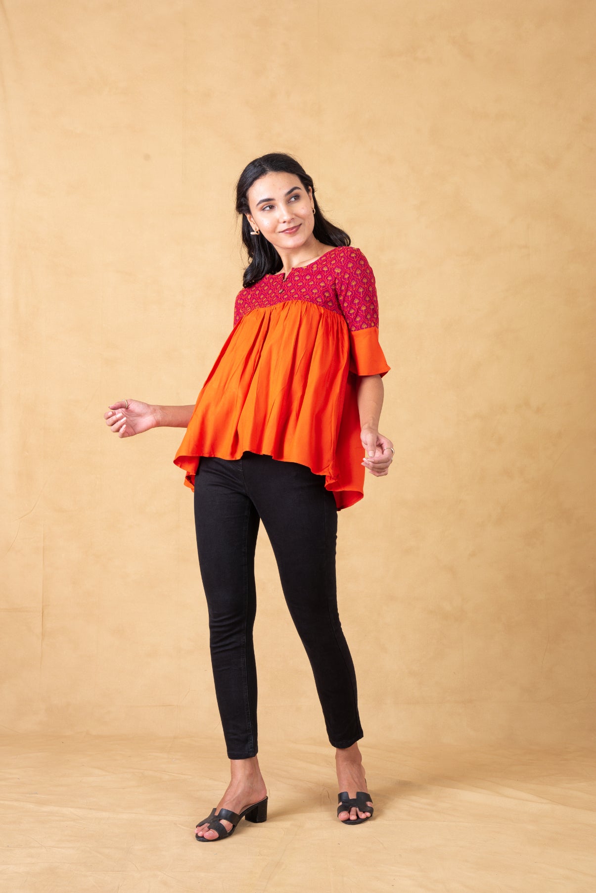 Orange Color Block Gathered Top With Embroidery