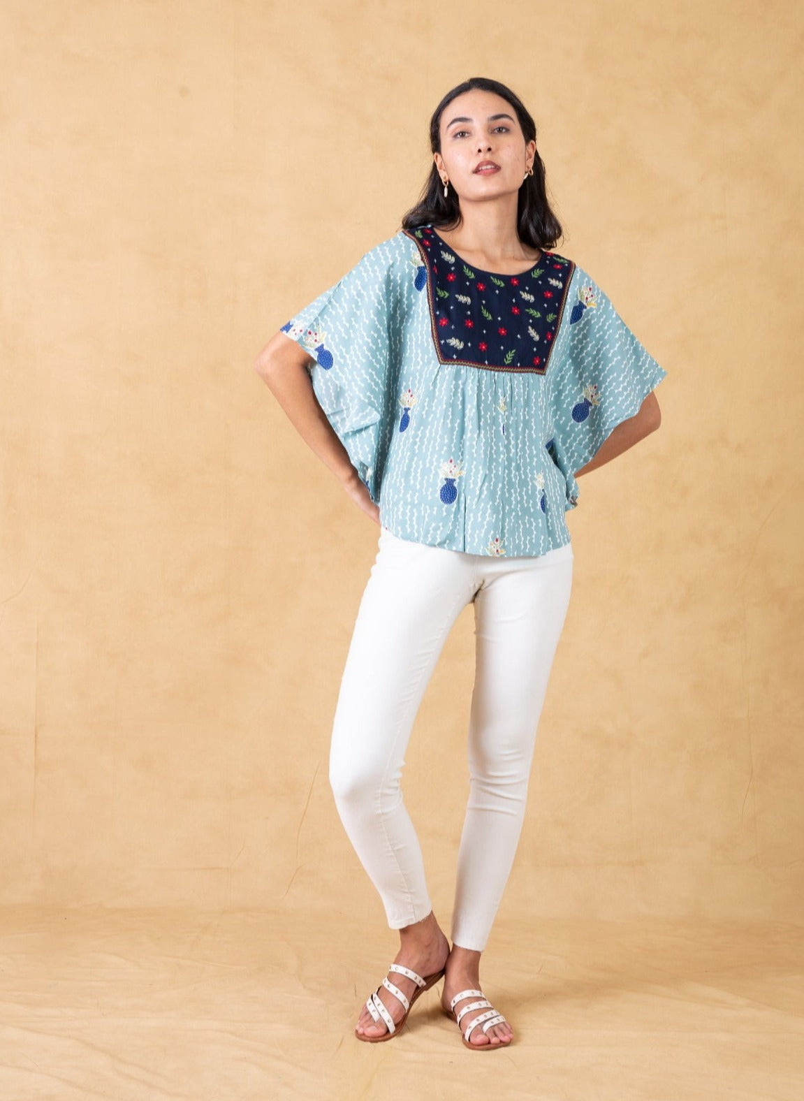 Grey Printed Kaftan Top With Embroidery